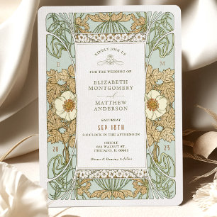 Gold Sage Green Art Nouveau Alphonse Mucha Wedding Einladung