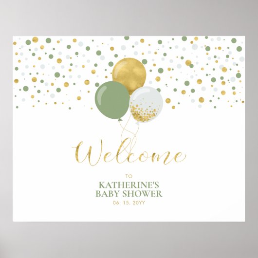 Gold & Sage Green Balloons | Babydusche Begrüßung Poster (Vorne)