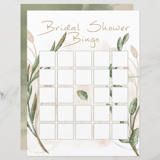 Gold Sage Green Floral Brautparty Bingo (Vorne/Hinten)