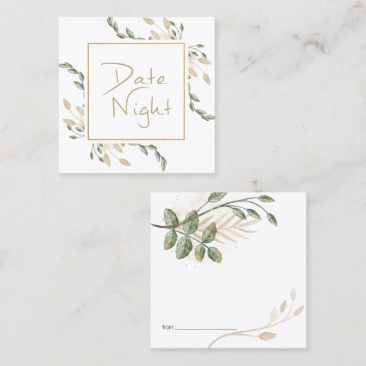 Gold Sage Green Floral Date Night Card Quadratische Visitenkarte (Vorne/Hinten)