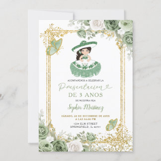 Gold Sage Green Spanish Girl's 3. Geburtstag Einladung