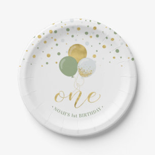 Gold & Sage Konfetti-Ballons 1. Geburtstagsfeier Pappteller