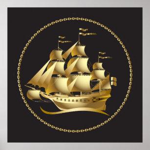 Gold Sailboat Nautical Poster