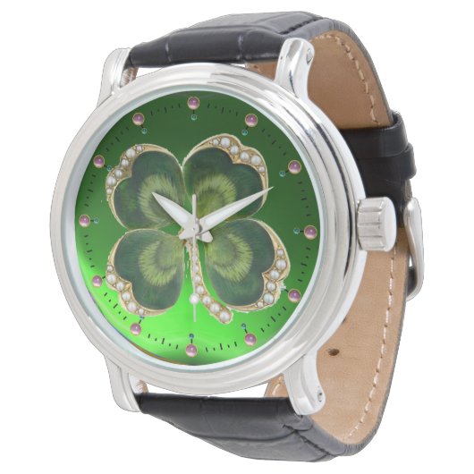 Gold Saint Patrick Kleeblatt Jewel mit Perlen Armbanduhr (Schrägansicht)