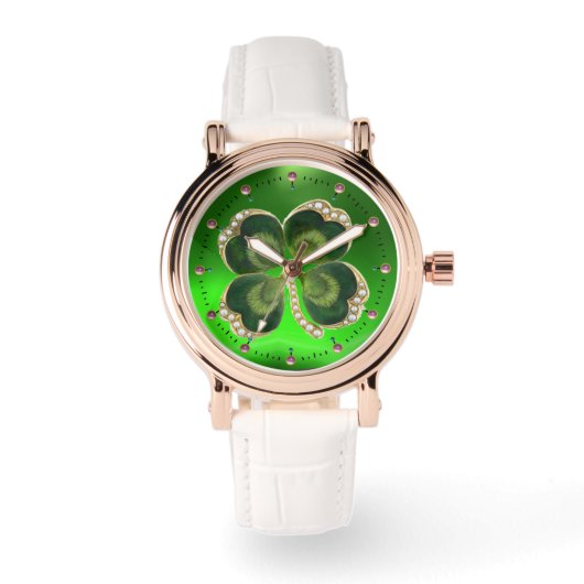 Gold Saint Patrick Kleeblatt Jewel mit Perlen Armbanduhr (Vorderseite)