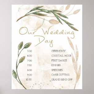 Gold-Salbei-Grün-Blumen-Hochzeitsplan-Poster Poster
