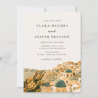 Gold Santorini Caldera Dorf Wasserfarbe Hochzeit  Einladung