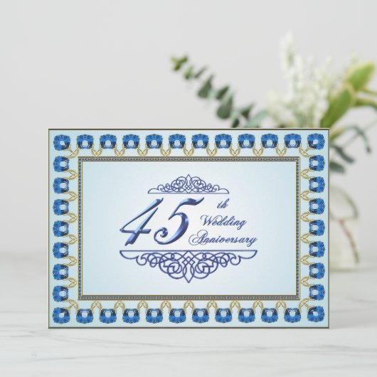 Gold Sapphire Blue 45. Hochzeitstag Einladung (Stehend Vorderseite)