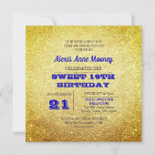 Gold & Sapphire Blue Funkelnd Sweet 16 Einladung (Vorderseite)
