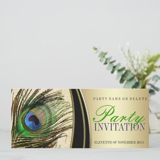 Gold Satin Stylish Peacock Feather Einladungen (Stehend Vorderseite)