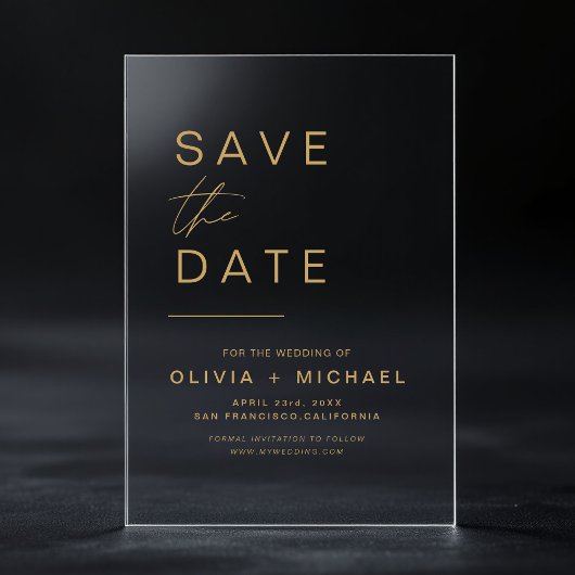 Gold Save the Date Elegantes Minimalistisches Skri Acryleinladungen