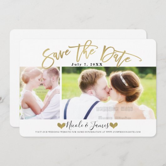 Gold Save the Date Moderne Foto Hochzeit Verlobung Einladung (Vorne/Hinten)