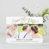 Gold Save the Date Moderne Foto Hochzeit Verlobung Einladung (Stehend Vorderseite)