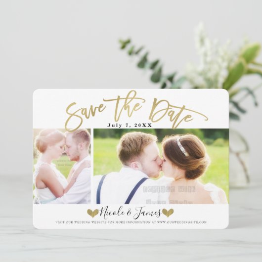Gold Save the Date Moderne Foto Hochzeit Verlobung Einladung (Stehend Vorderseite)