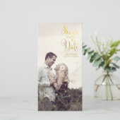 Gold Save the Date Script Overlay Foto Cards (Stehend Vorderseite)
