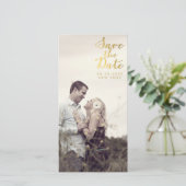Gold Save the Date Script Overlay Foto Cards (Stehend Vorderseite)