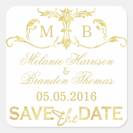 Gold Save the Date Stickers Gold Monogramm Hochzei (Vorderseite)