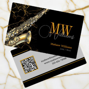 Gold Saxophone Jazz, Black & QR Code, Monogramm Visitenkarte