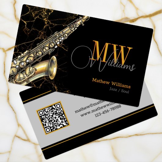 Gold Saxophone Jazz, Black & QR Code, Monogramm Visitenkarte