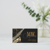 Gold Saxophone Jazz, Black & QR Code, Monogramm Visitenkarte (Stehend Vorderseite)