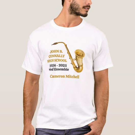 Gold Saxophone Player Personalisiert Band T-Shirt (Vorderseite)