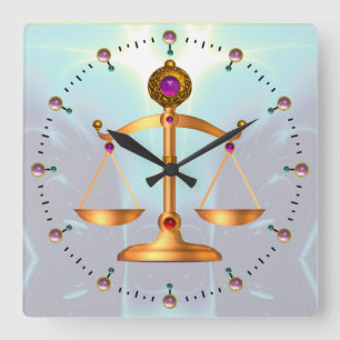GOLD SCALES OF LAW WITH GEM STONES ,Justice Symbol Quadratische Wanduhr