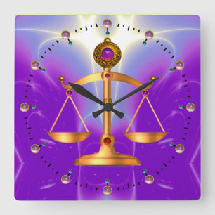 GOLD SCALES OF LAW WITH GEM STONES ,Justice Symbol Quadratische Wanduhr