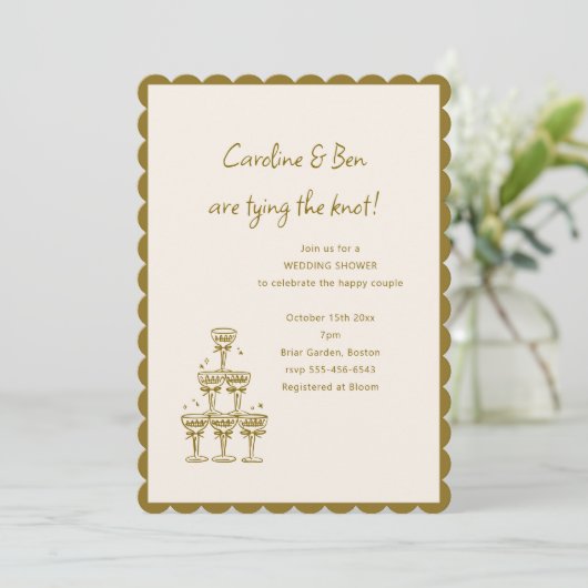 Gold Scallop Champagne Tower Doodle Wedding Shower Einladung (Stehend Vorderseite)