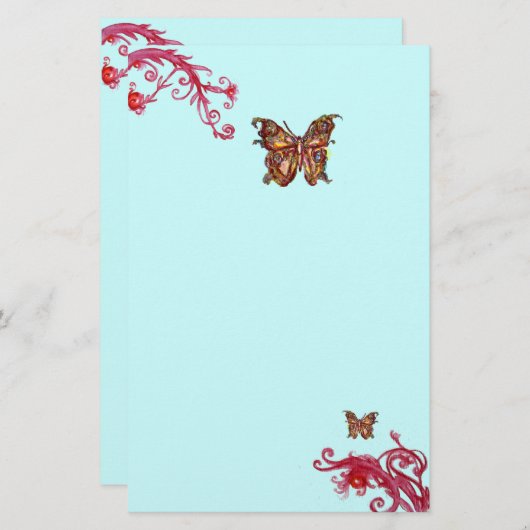 GOLD SCHALTFLY UND RED BERRIES Aquamarin Blau Briefpapier (Vorne/Hinten)