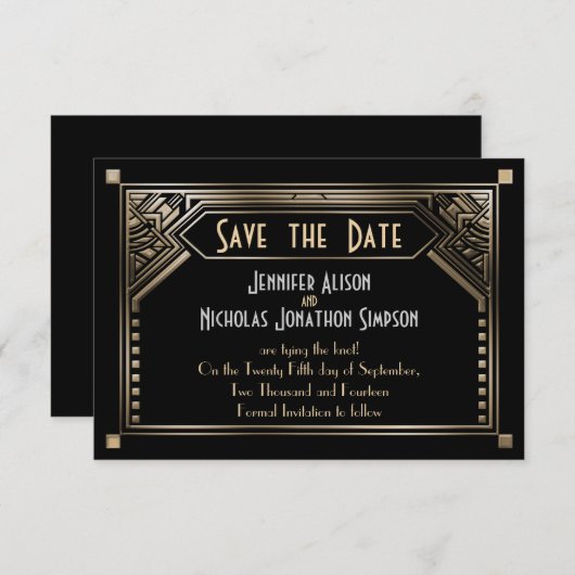 Gold schattierte Gatsby Art Deco Hochzeit Speicher Save The Date (Vorne/Hinten)