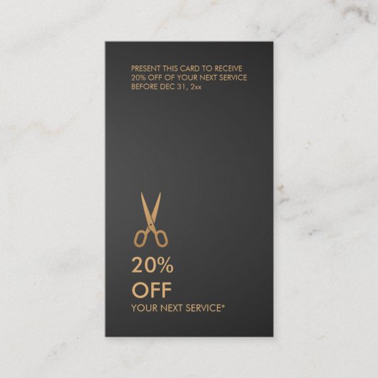 Gold-Schere Haar Stylist Black Discount Vertikal Visitenkarte (Vorderseite)
