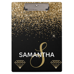 Gold-Schimmer-Glitter & Diamanten-Monogramm Klemmbrett