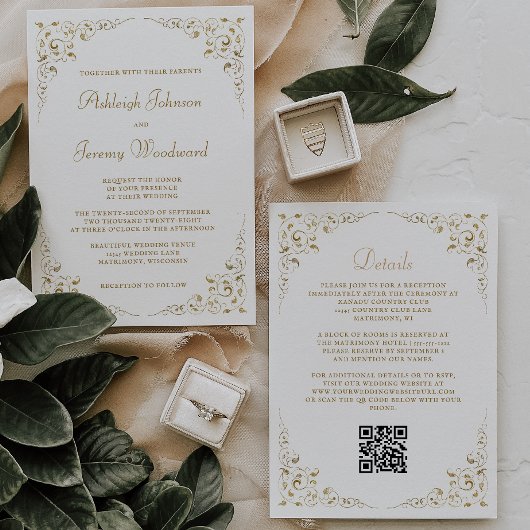 Gold Schrift Botanischer Rahmen QR Code Einladung