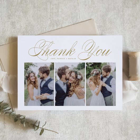 Gold Schrift Drei-Foto-Collage-Hochzeit Dankeskarte
