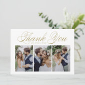 Gold Schrift Drei-Foto-Collage-Hochzeit Dankeskarte (Stehend Vorderseite)