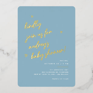 Gold Schrift Moderne hellblaue Babyparty für Jun Folieneinladung