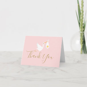 Gold Schriftzug Danke Storch Baby Mädchen Rosa Karte