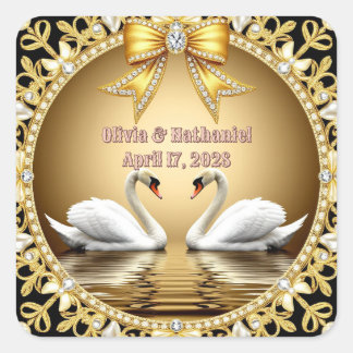Gold Schwan Hochzeits Namensdekoration 💍 Quadratischer Aufkleber