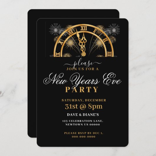 GOLD & SCHWARZ, 12.00 UHR, NEUJAHRE PARTY EINLADUNG (Vorne/Hinten)