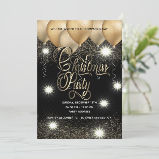 Gold/Schwarz-Ballon Weihnachts-Party Einladung (Stehend Vorderseite)