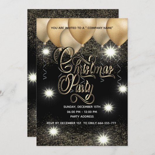 Gold/Schwarz-Ballon Weihnachts-Party Einladung (Vorne/Hinten)