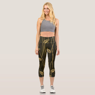 Gold & Schwarz: Blätter 3D-Textur. Capri Leggings