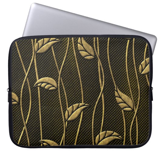Gold & Schwarz: Blätter 3D Textur. Laptopschutzhülle (Vorderseite)