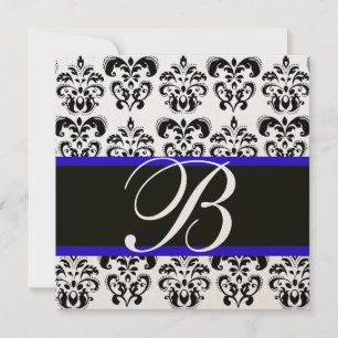 GOLD & SCHWARZ BLAU DAMAST MONOGRAMM , weiß Einladung