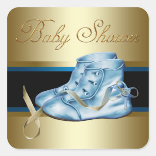 Gold Schwarz Blaue Baby Babyschuhe Junge Dusche Au Quadratischer Aufkleber
