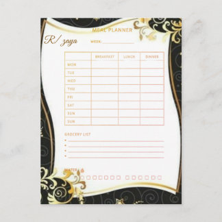 Gold Schwarz Blumen Mahlzeitenplaner Wasserfarbe & Postkarte