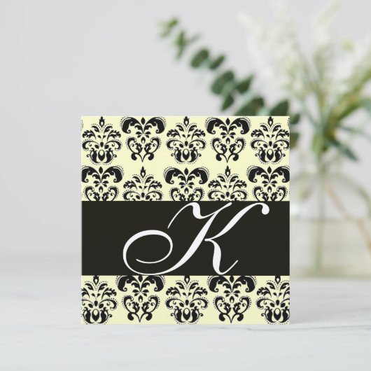 GOLD & SCHWARZ-DAMASK-MONOGRAMM, weiß Einladung (Stehend Vorderseite)