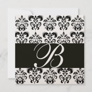 GOLD & SCHWARZ DAMAST MONOGRAMM, weiß Einladung