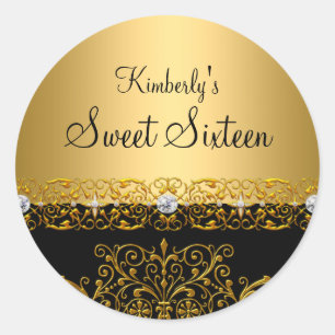 Gold & Schwarz Damast Sweet Sixteen Aufkleber