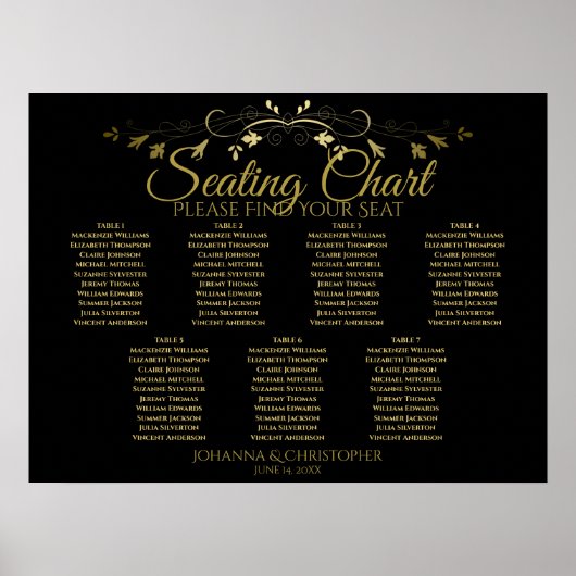 Gold & Schwarz-Elegante 7 Tisch Hochzeitskarte Poster (Vorne)